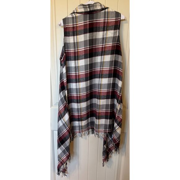 CATO Grey Red Plaid Open Front Cardigan Cotton Vest Women's Size Medium Raw Hem - Picture 2 of 12